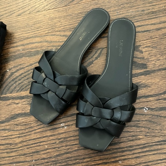 Saint Laurent Tribute Sandal Flat Mules Black Slides Smooth Leather - Picture 3 of 9